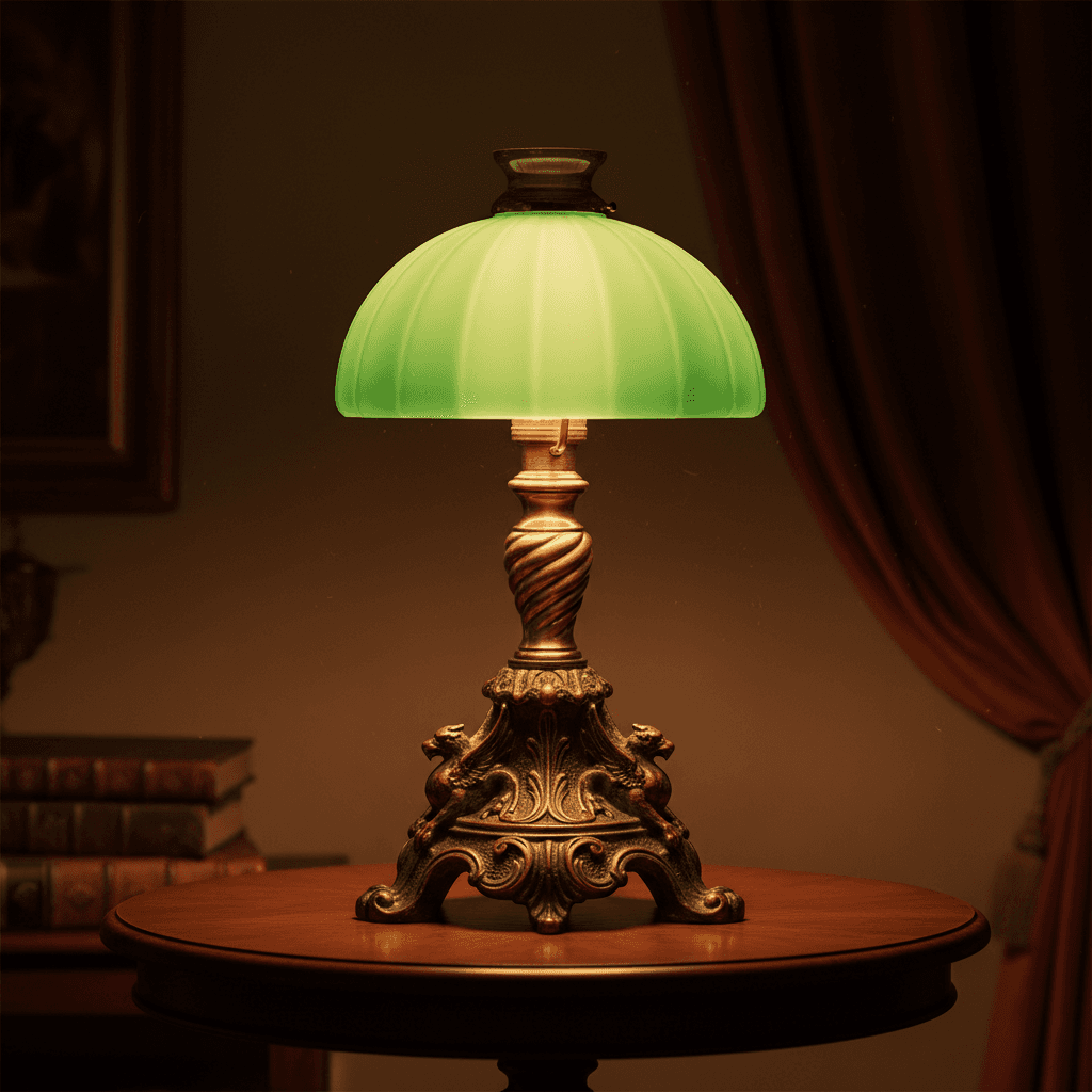 Lámpara antigua de latón con pantalla de cristal verde