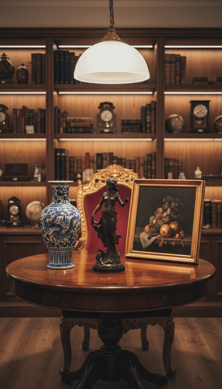 Antique shop interior with vintage items and warm lighting