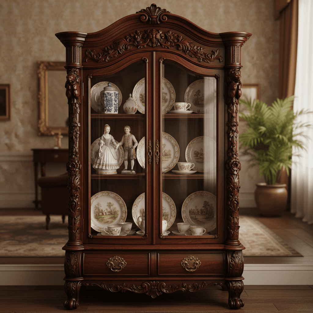 Mueble antiguo de madera victoriana con detalles tallados