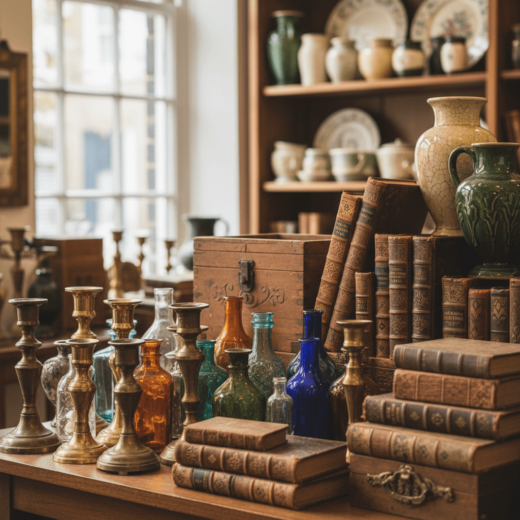 Interior de tienda de antigüedades con vitrinas de madera y objetos decorativos