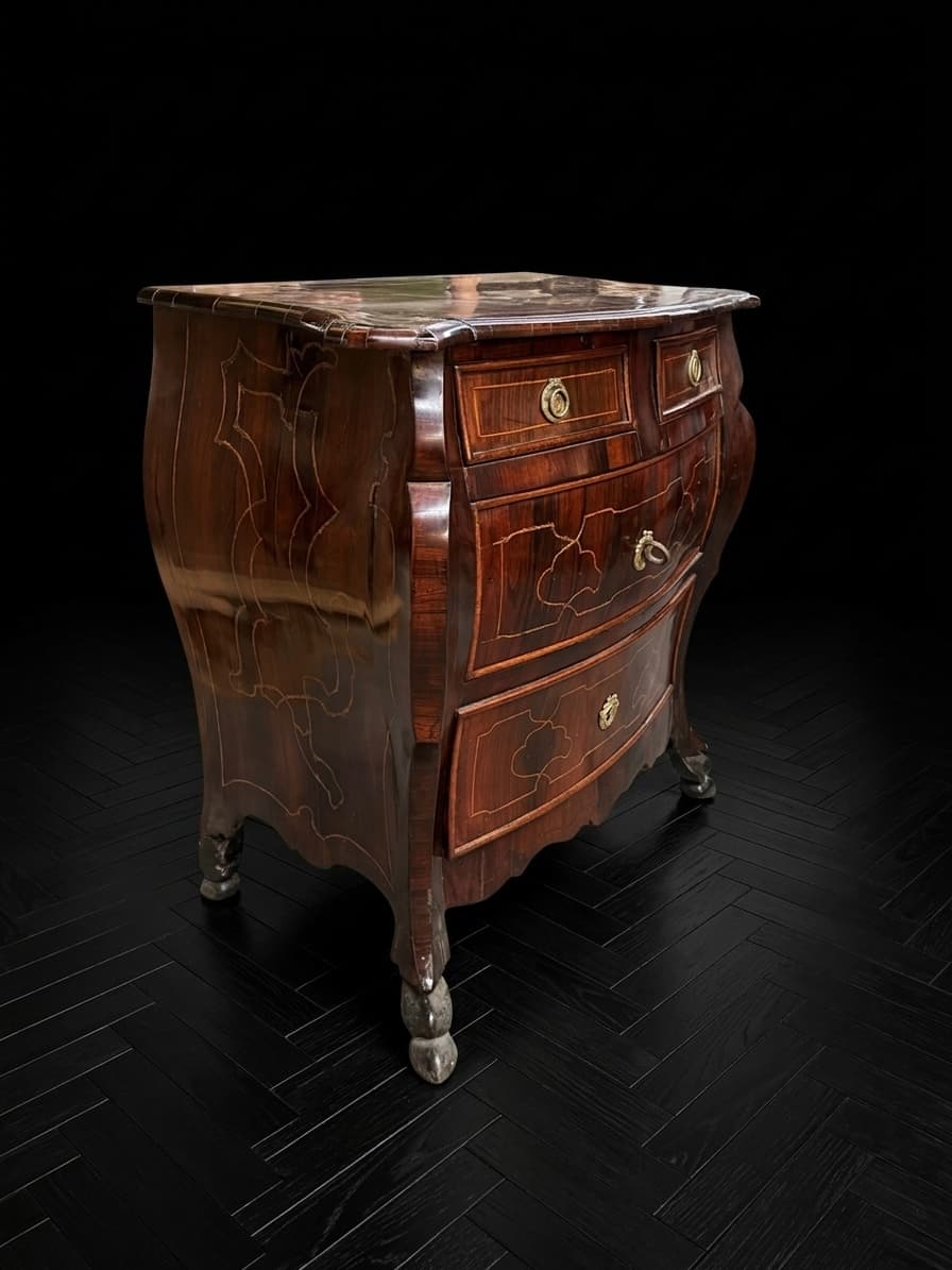 Cómoda antigua de madera oscura con incrustaciones y herrajes de latón sobre fondo negro.