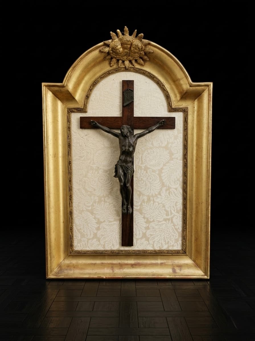 Crucifijo oscuro sobre fondo de tela estampada, enmarcado en un arco dorado con querubines superiores.