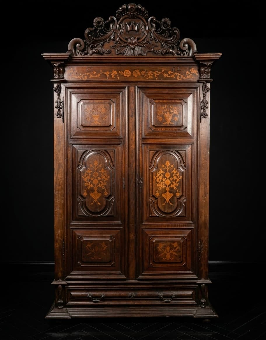 Armario antiguo de madera oscura con intrincada marquetería floral y un copete tallado muy ornamentado.