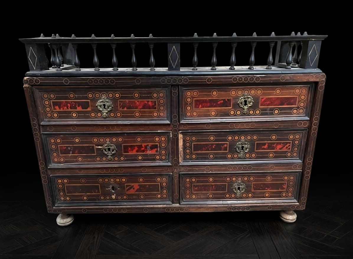 Cómoda antigua de madera con incrustaciones, seis cajones decorados y una barandilla superior ornamentada.