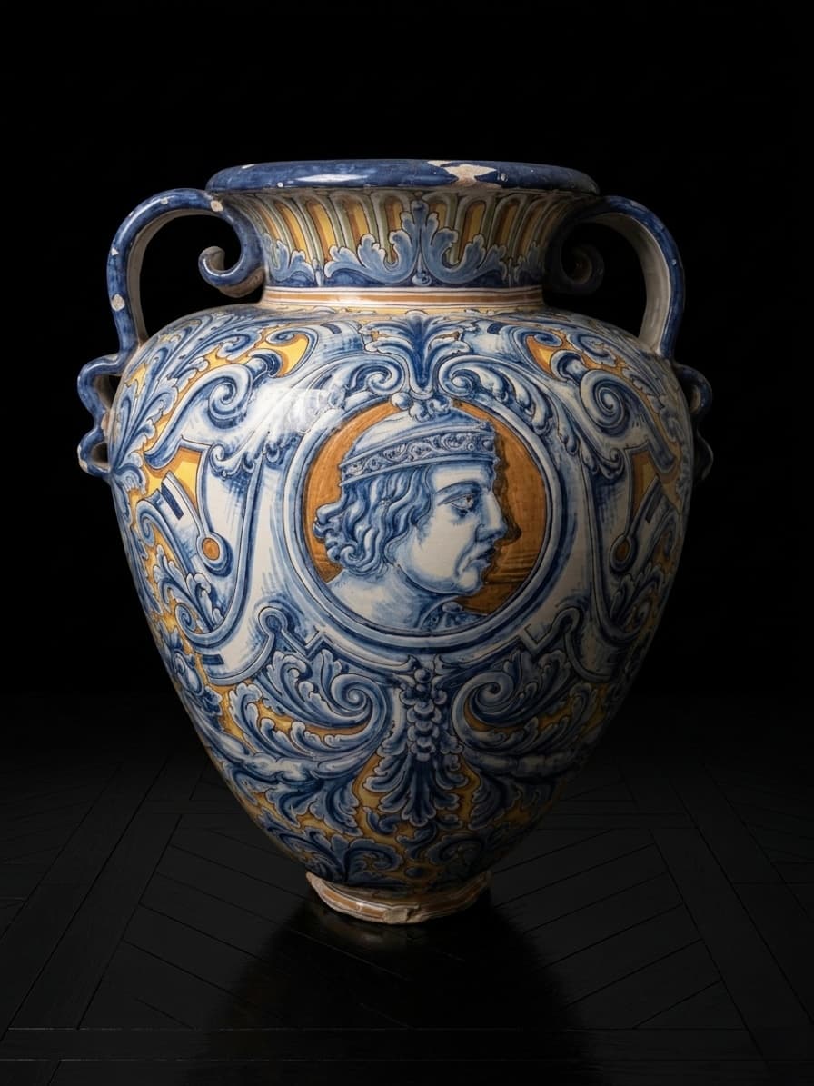 Jarrón de cerámica decorado con motivos azules y amarillos y un medallón central de perfil.