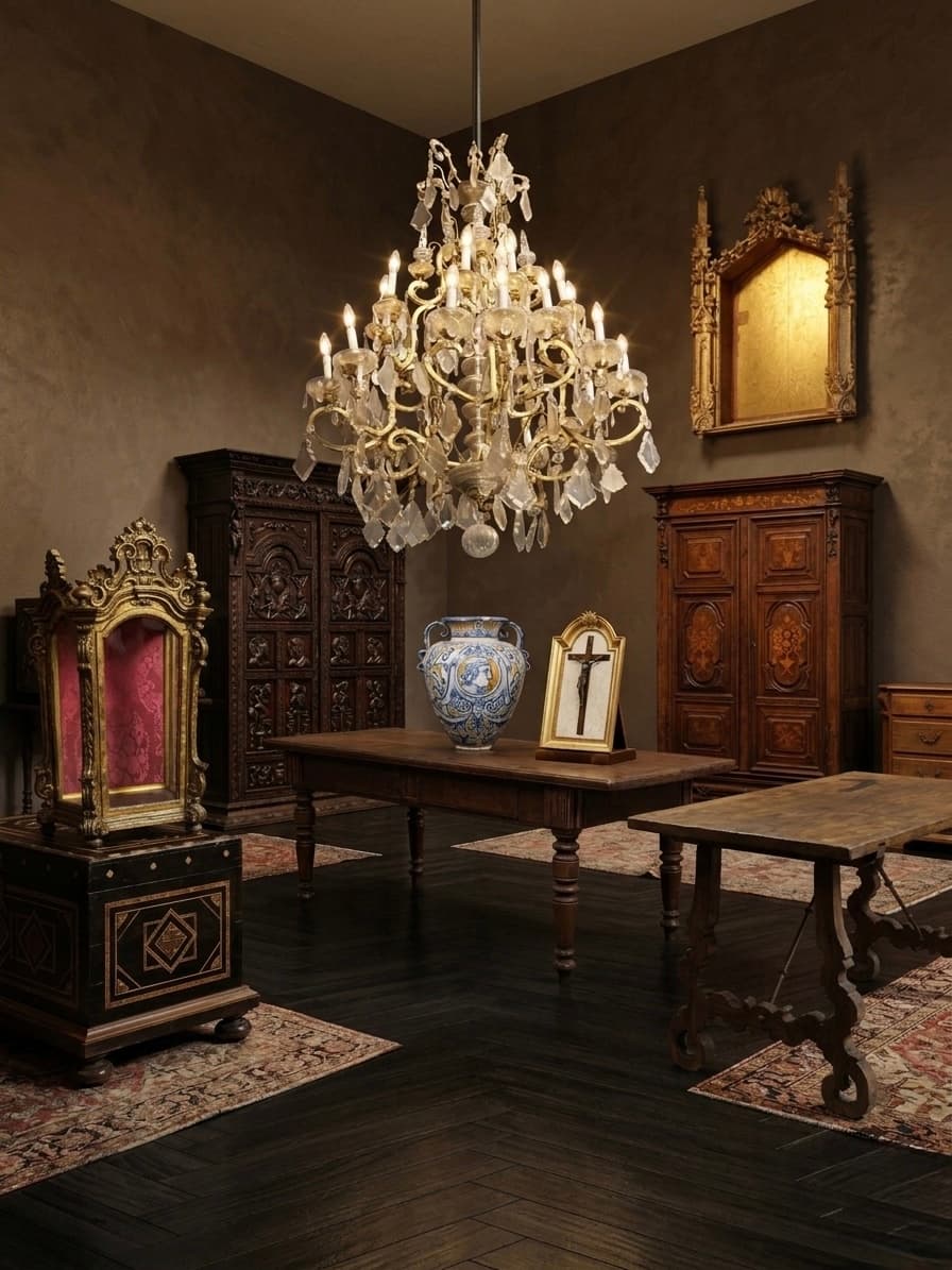 Interior con candelabro de cristal, muebles antiguos de madera tallada, jarrones y alfombras decorativas.