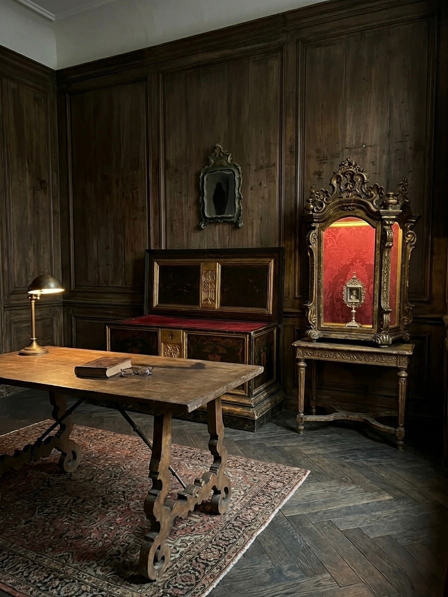Estudio antiguo con paredes de madera, escritorio rústico, lámpara encendida y vitrina dorada iluminada.