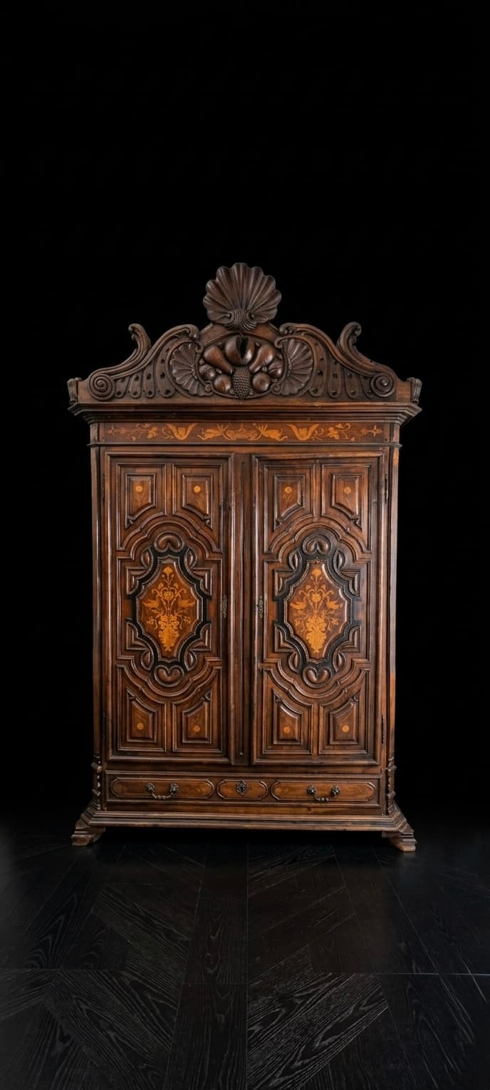 Armario antiguo de madera oscura con tallas ornamentales, marquetería floral y remate de concha.
